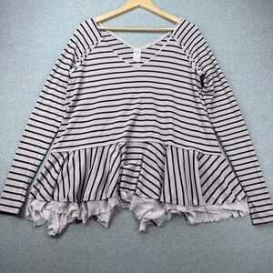 We The Free Tangerine Striped Tee Ruffled Peplum Distressed Long Sleeve Top Sz M